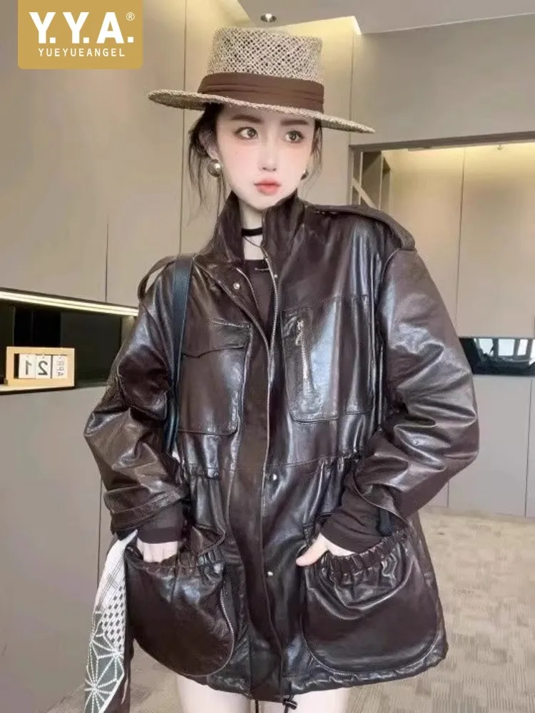 

Модная женская куртка из натуральной вощеной кожи с множеством карманов, регулируемой талией, средней длины, ветровка с воротником-стойкой, свободный крой