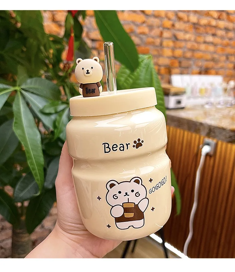 

Ceramic Bear Water Cup for Men and Women, Cute Cartoon Straws, Adorable High-Value, Students and Family Use