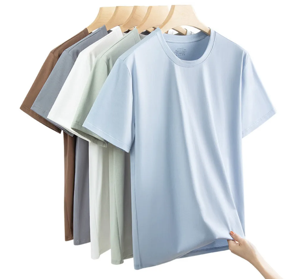 

2026 Mercerized Cotton Men's Cool and Antibacterial T-shirt Short Sleeve Solid Summer Wrinkle Resistant Round Neck Tops Tees New
