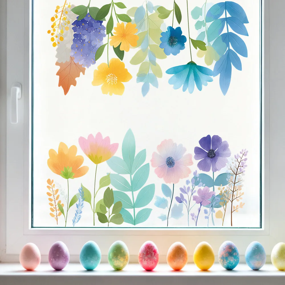 2pcs Painted dreamy little flowers and leaves for the living room home background, glass window beautification stickers