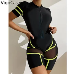 VigoCasey 2024 Solid Short Sleeve Swimwear Women Sexy Hollow Mesh Push Up One Piece Swimsuit Monokini Summer Beach Bathing Suit