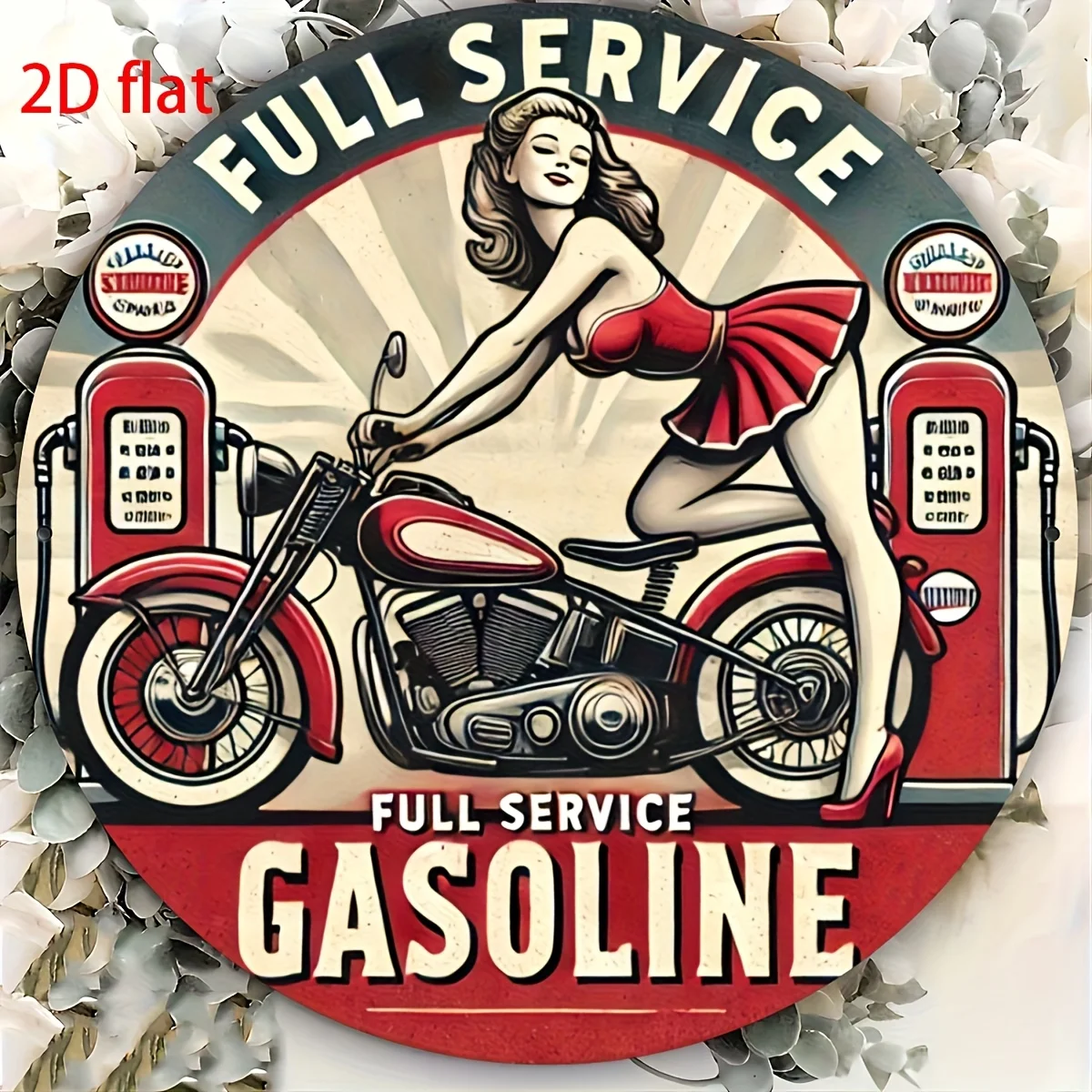 2D Flat - 1pc Vintage Motorcycle Pin-Up Girl Aluminum Sign, 8x8 Inch Round Wall Hanging Decor, Retro Gas Station Theme Metal Art