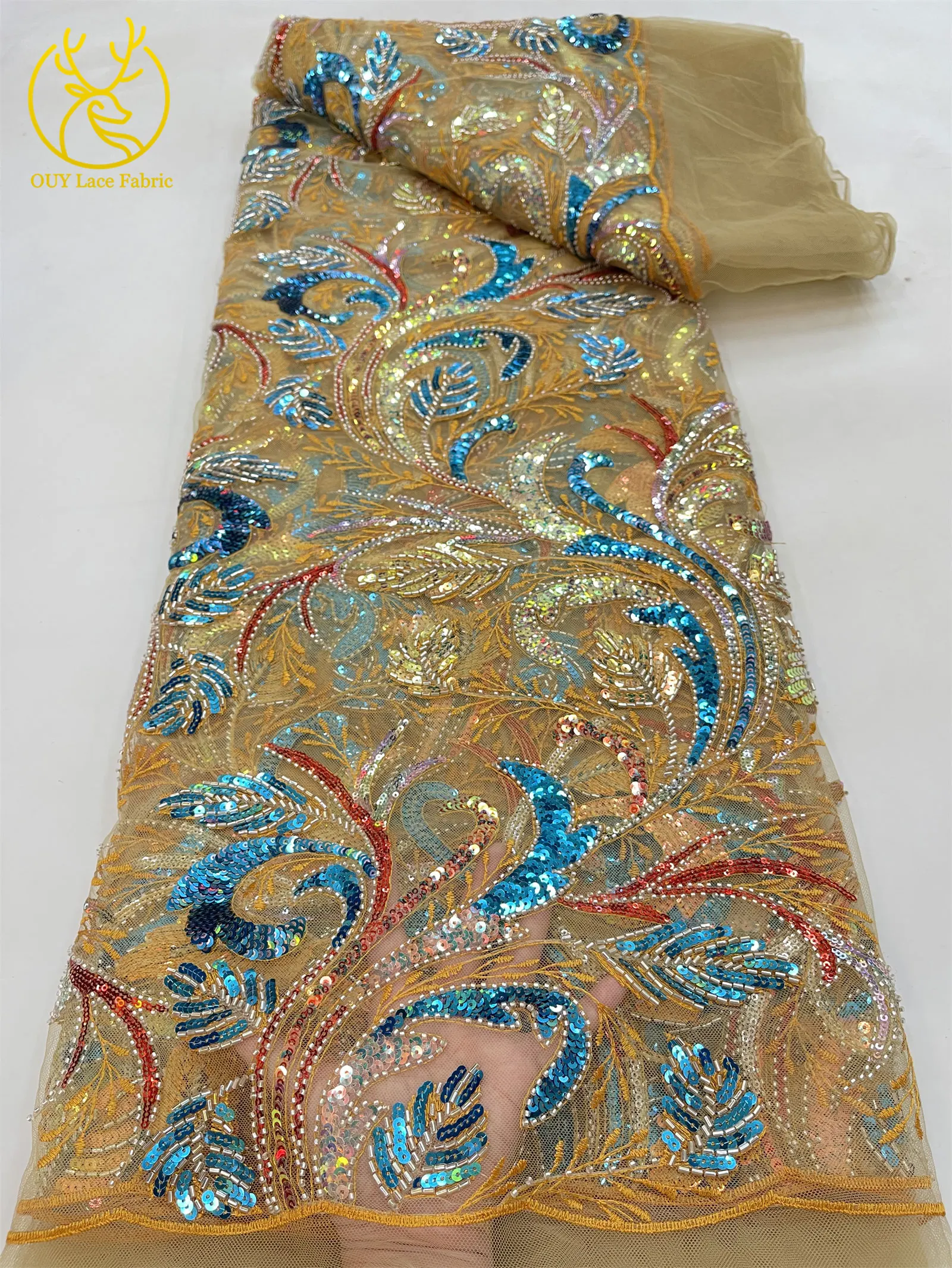 Luxuriöser Goldener Afrikanischer Perlen-Pailletten-Spitzenstoff 2026 Eleganter Französischer Stickerei-Tüllspitzenstoff Nigerianisches Party-Hochzeitskleid – Detail 11