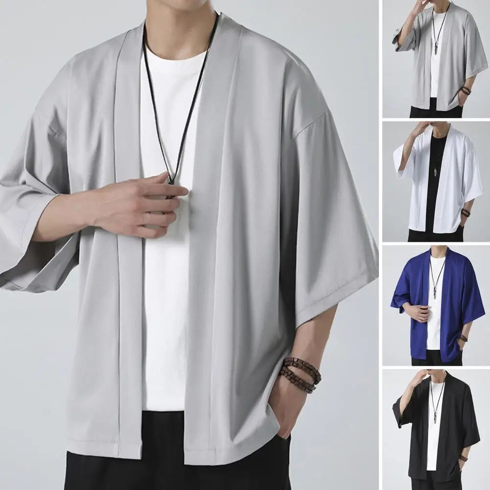 Men Shirt Kimono Japanese Style Casual Shirt Solid Color Samurai Costume Asian Clothes Three Quarter Cardigan Men Shirt Jacket