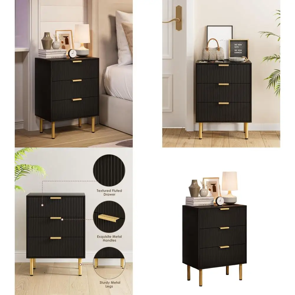 

Contemporary 3-Drawer Tall Nightstand with Gold Frame for Bedroom and Living Room - Black