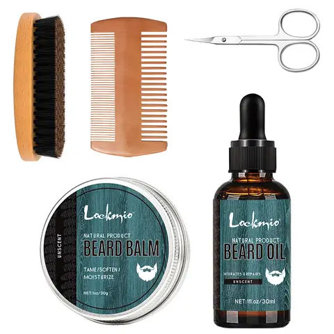 5pcs/set Beard Oil Balm for Men Beards Moisturizing Care Essential Oil for Promote Healthy Beards Growth Beard Styling Tool Kit