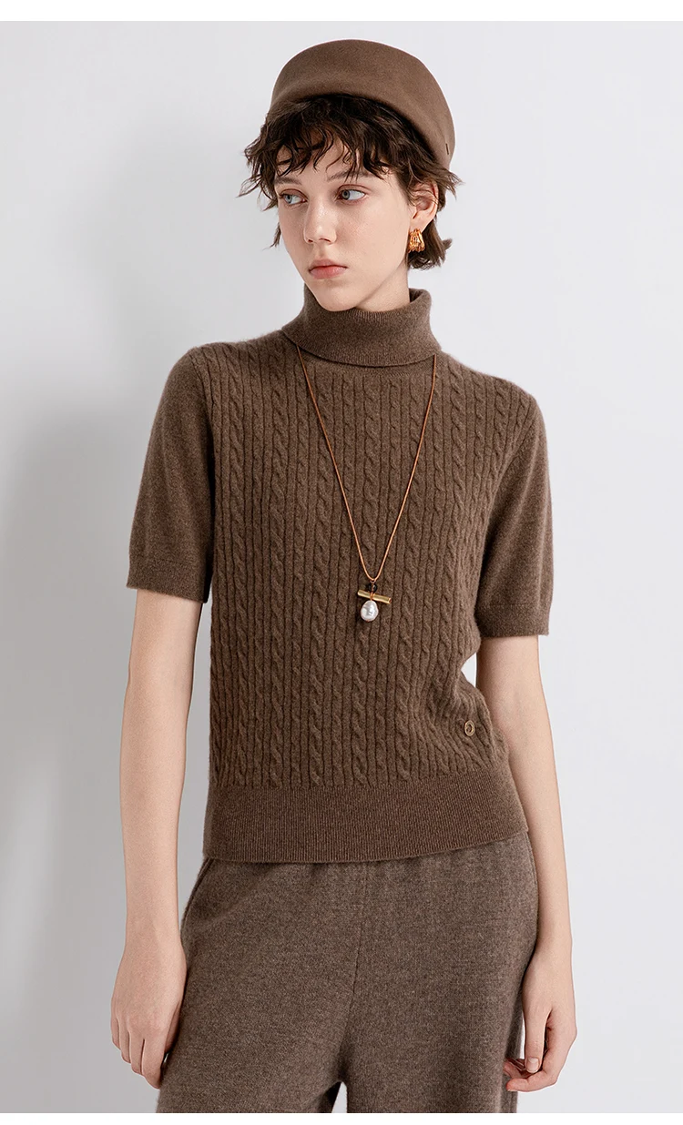 TH662122 Damen Rollkragenpullover mit Zopfmuster, Kurzarm, 100% Kaschmir, Gerippter Saum, Gemütlich, Lässig-Schick, Frühherbst – Detail 8