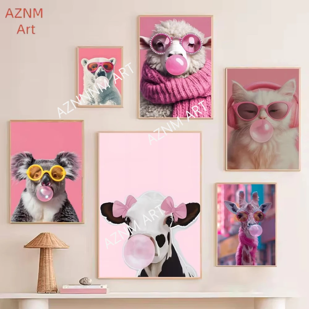 Bunte Tiere, rosa Bubblegum-Gemälde, Kalligraphie, HD-Leinwand-Poster, Wohnzimmer, Schlafzimmer, Bar, ästhetische Dekoration