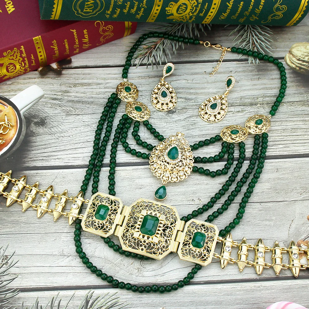 Sunspicems Square Crystal Morocco Belt For Women Bead Chain Necklace Drop Earring Elegent Algeria Bride Jewelry Set Caftan Chain
