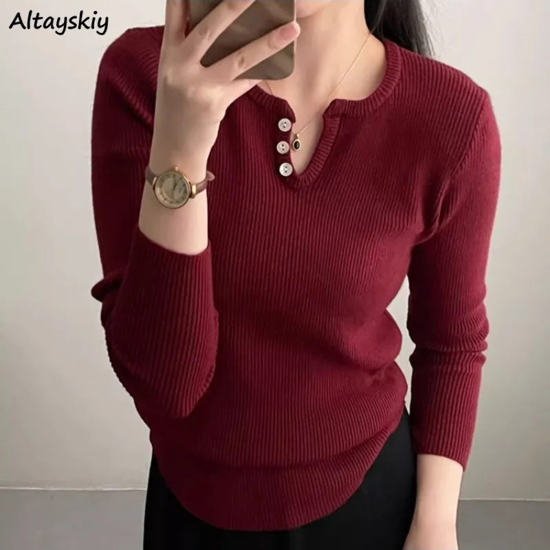 

Pullovers Women Long Sleeve Autumn Winter V-neck Knitted Chic Button Slim Solid Korean Style Elegant Simple All-match Streetwear