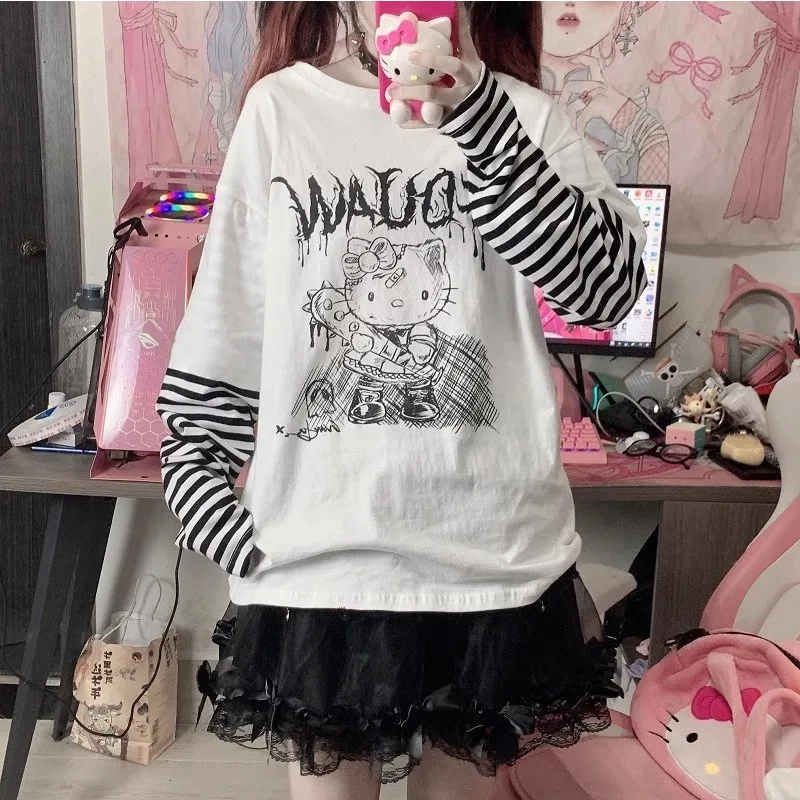 Abifeng Culture Y2k الحلو والرائع مرحبا كيتي ثلاثية الأبعاد قميص مطبوع لطيف وناعم فتاة طويلة الأكمام التجفيف السريع تي شيرت #3