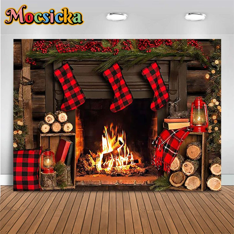 Mocsicka Christmas Decoration Photography Background Xmas Tree Vintage Wooden Fireplace Bonfire Socks Gifts Photo Backdrop Props