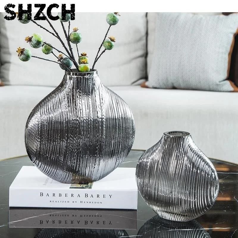 Silver Brushed Glass Vase Living Room Porch Decoration Flower Arrangement Hydroponic Pot Home