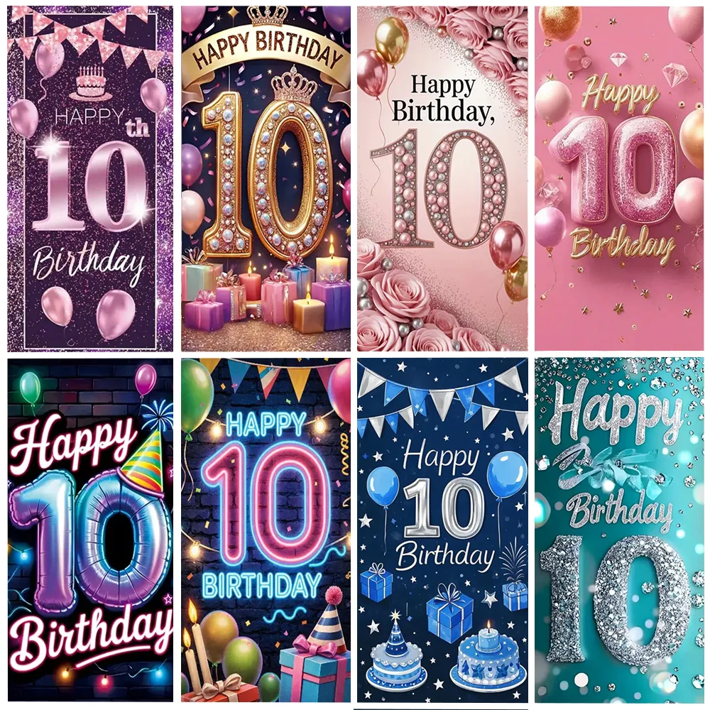 

10th Birthday Party Decoration Backdrop Door Cover Black Pink Gold Glitter Balloon Background Kid Gift Supplies Photography Prop