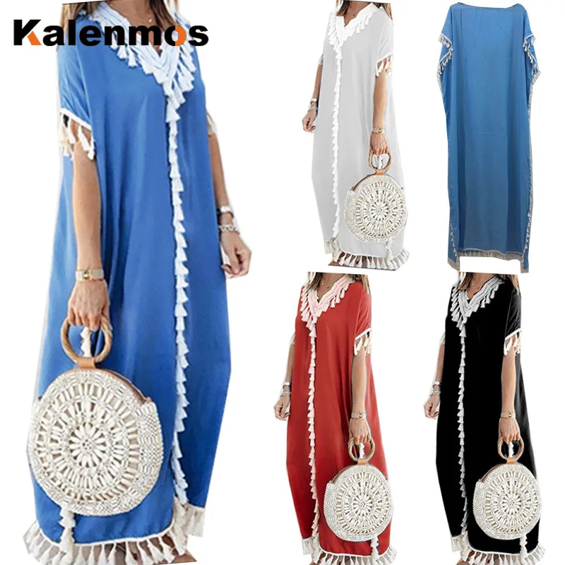 Dubai Turkey Muslim Caftan Abaya Dress Women Boho Summer Tassel Moroccan Kaftan Sundress Islamic Clothing Casual Loose Musulman