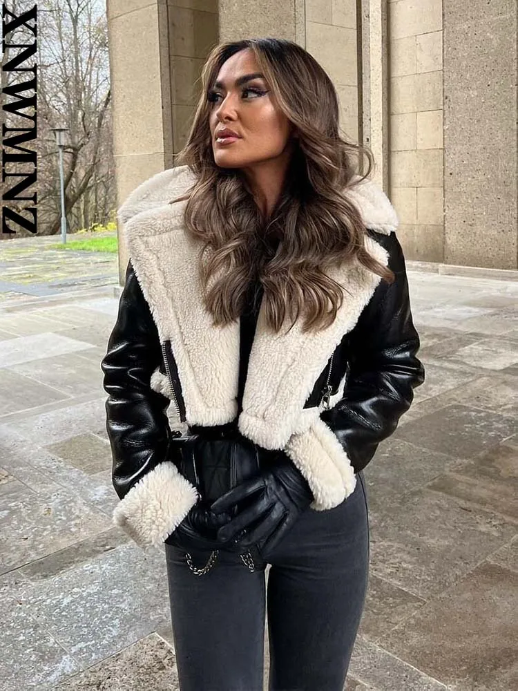 XNWMNZ Women Fashion Thick Warm Faux Shearling Crop Jacket Coat Vintage Long Sleeve Zipper Female Outerwear Tops High quality