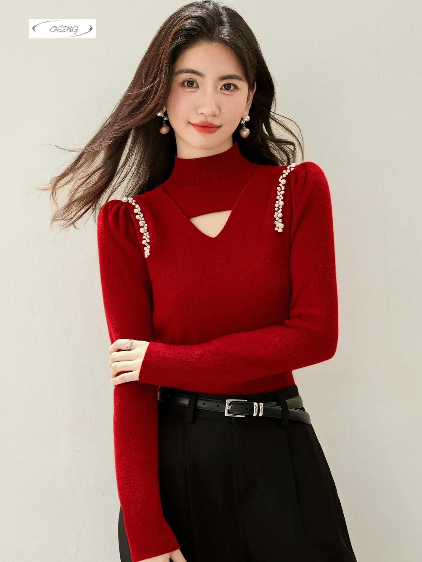 フレンチスタイルモックネックレッドニットプルオーバーセーターボトミングシャツ女性秋冬エレガントスリム中空ニットウェア9689