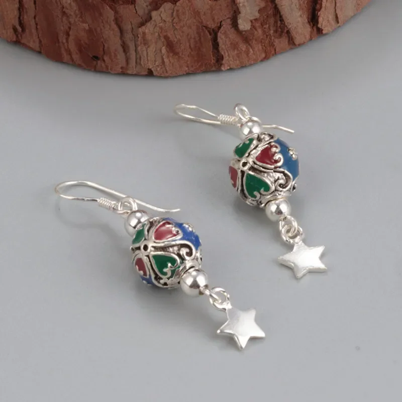 925 Sterling Silver Colorful Ball Star Hanging earrings For Women Girls Vintage Ethnic Enamel Drop Christmas Jewelry