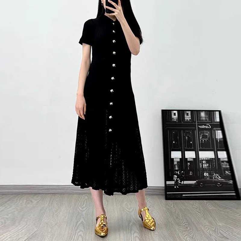 

Solid Elegant Knitted Lapel Dress Casual Short Sleeve Single Breasted Crochet Bodycon Polo Maxi Dress Buttons Women Vacation