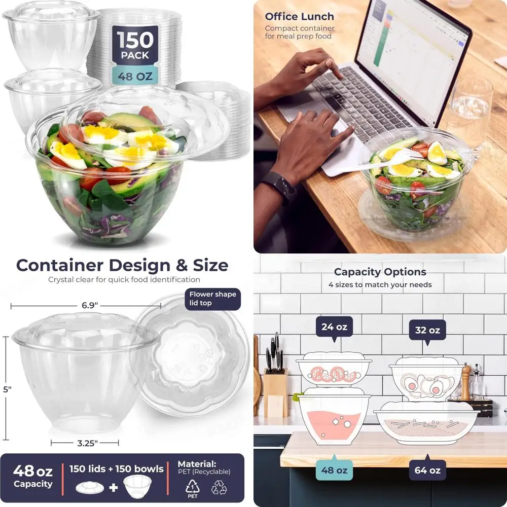 

Disposable Plastic Salad Bowls 150 Pack 48 oz Clear with Airtight Lids for Meal Prep, Lunch, Takeout, Party, Catering Use