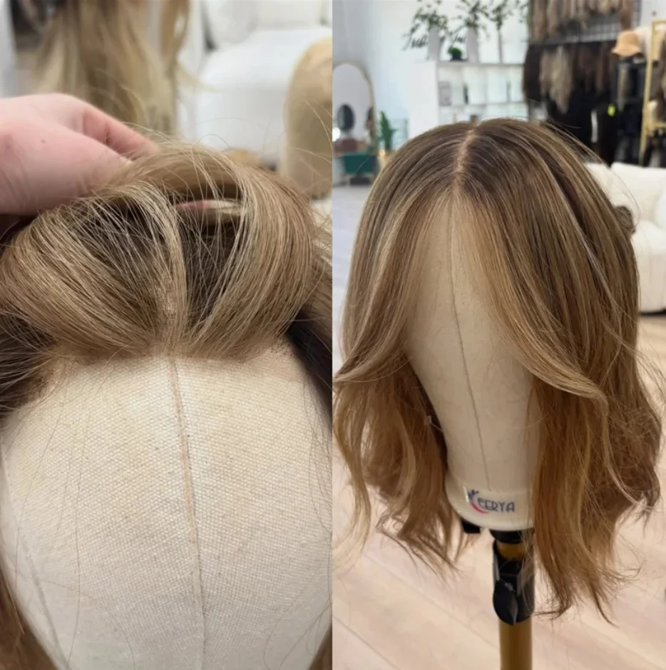 

High Quality Short Natural Wave Ombre Blonde Highlights Realistic Look Natural Hairline Glueless Wigs 10Inch Daily Party Used