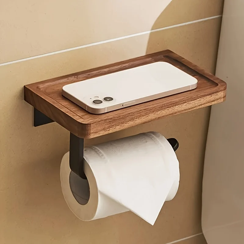 Walnut Toilet Paper Holder Multifunctional Storage Toilet Paper Holder Self-Adhesive Bathroom Tissue Bathroom Organizers