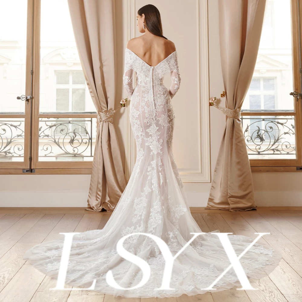 LSYX Customized Off-Shoulder Detachable Long Sleeves Sheer Lace Embroidered Mermaid Silhouette Button-Back Train Bridal Wedding