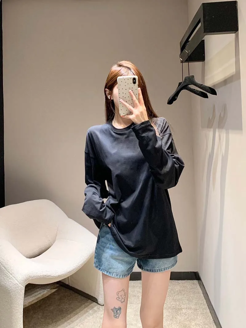 

Minimalist style women's T-shirt fashionable loose casual lazy casual long sleeved pure cotton pullover base shirt