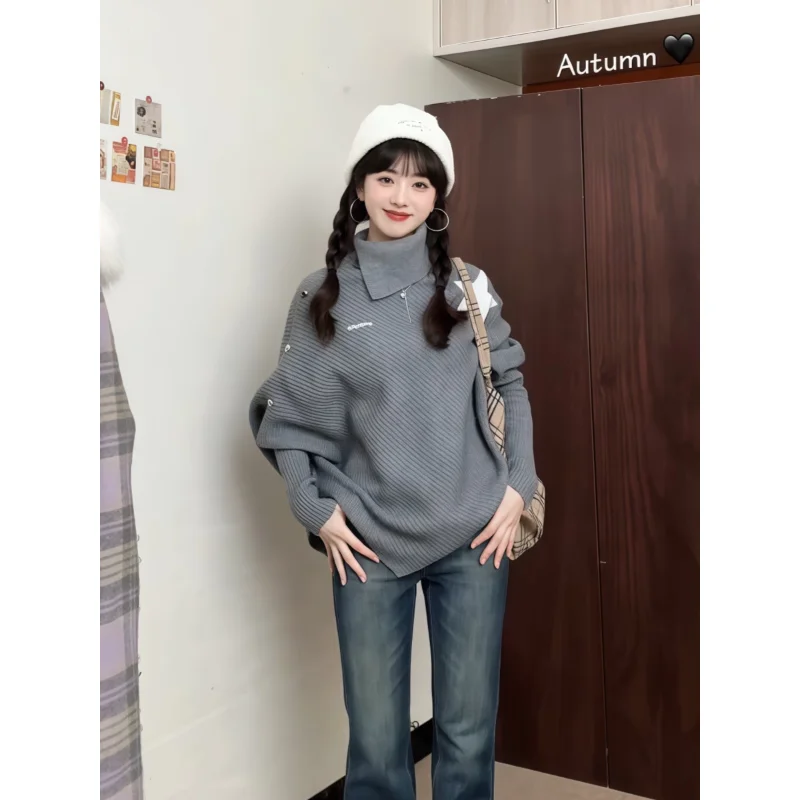 

Женская вязаная накидка больших размеров в американском стиле ретро со звездами и высоким воротом, новинка 2025, осень-зима, нишевый свитер нестандартного дизайна