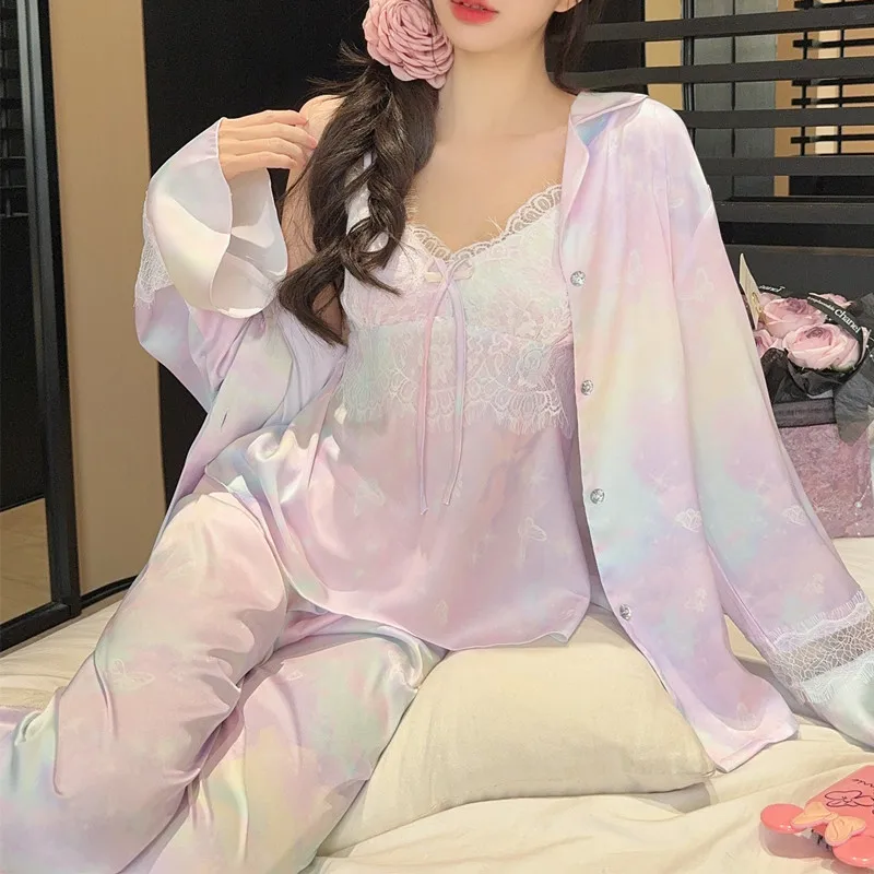 

Print Sleep Set Sexy Swing Collar Nightwear Lady's Summer Home Clothes Sling 4Pcs Pyjamas Loungewear Loose Lingerie