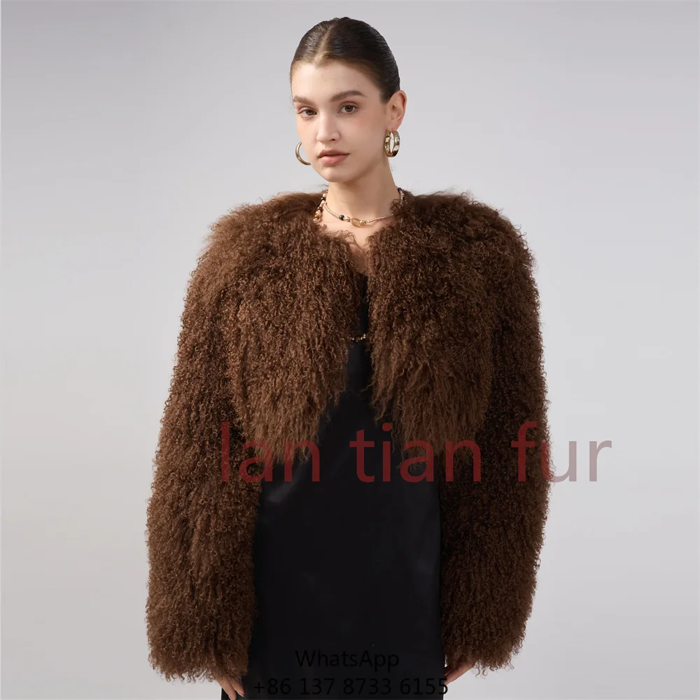 

30 Cm Length Mongolian Fur Coat Women Big Turn-Down Collar Short Winter Ladies Fashion Warm Fluffy Jacket Female Fall