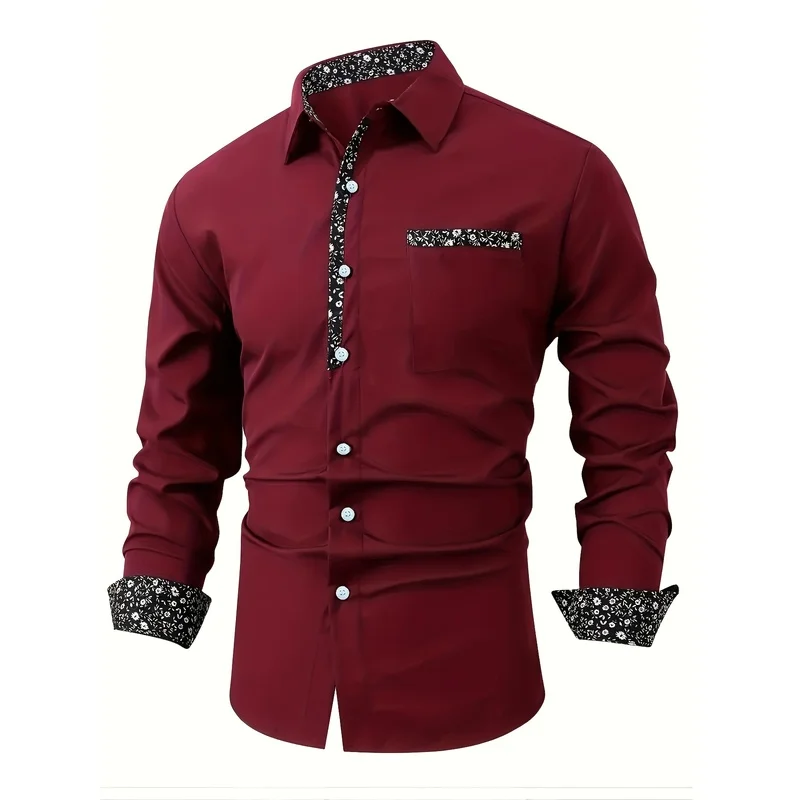 Men's Small Floral Print Patchwork Shirt Autumn Winter Long Sleeve Casual Simple Comfortable Top