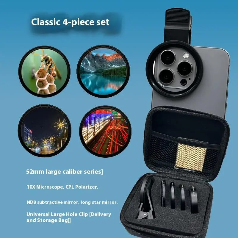 52mm Mobile Phone Lens Filter Set Classic 4-piece Set 10X Macro CPL Polarizer Starlight Filter ND8 Filter Universal