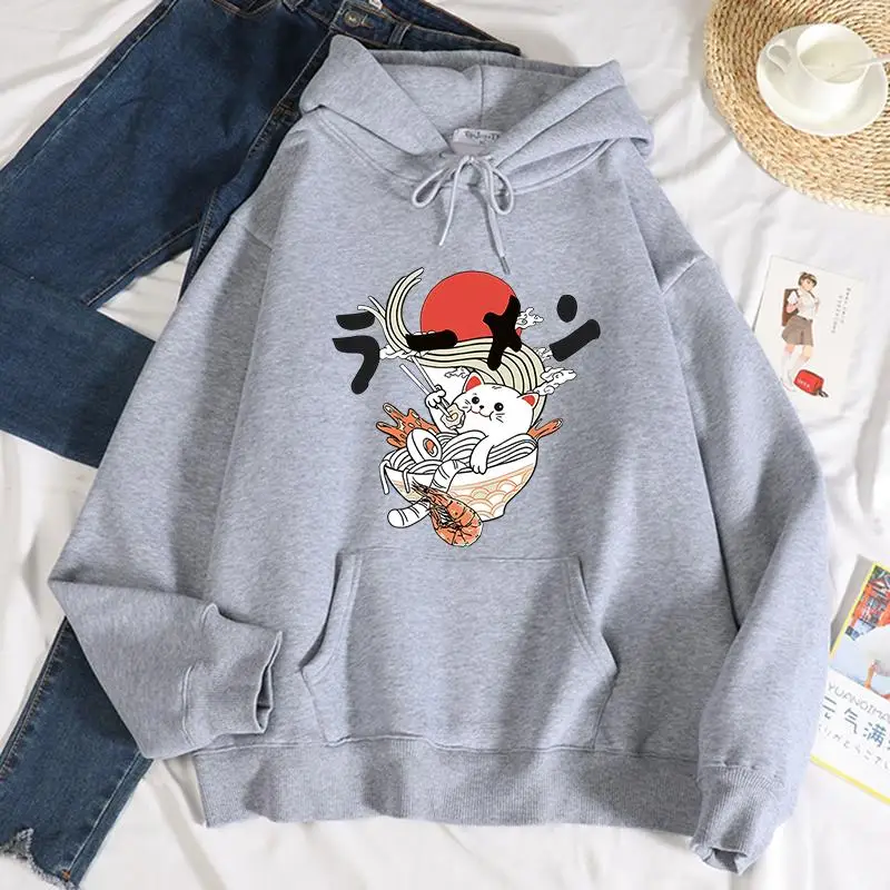

Casual Women'S Hoodie A Cat Eating Noodles Printing Pullover Breathable Loose Pocket Warm Sweatshirt Autumn Winter Streetwear