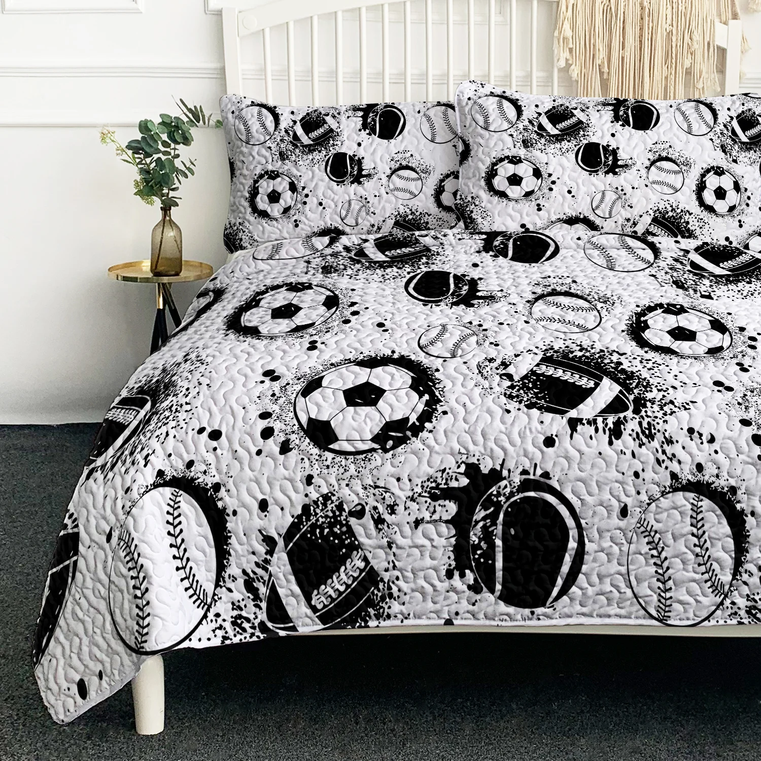 3 Piece All Kinds Of Balls Like Soccer Tennis Baseball Rugby Quilt Set Home Decor Black and White Comforter With 2 Pilowcases