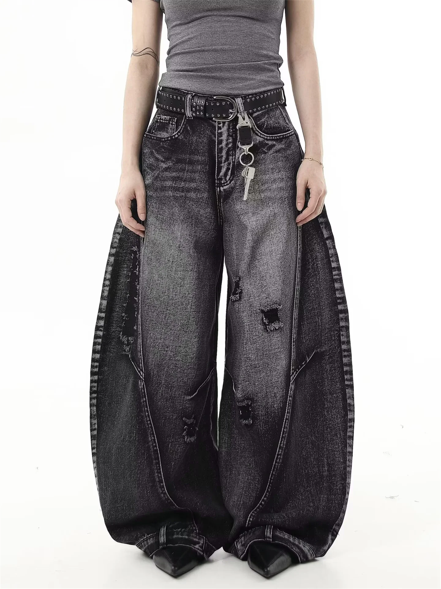 

American High Street Waed Ripped Knife Jeans Men's Street Cool Loose Wide Leg Scythe Pants Casual Loose Straight Tube Jeans