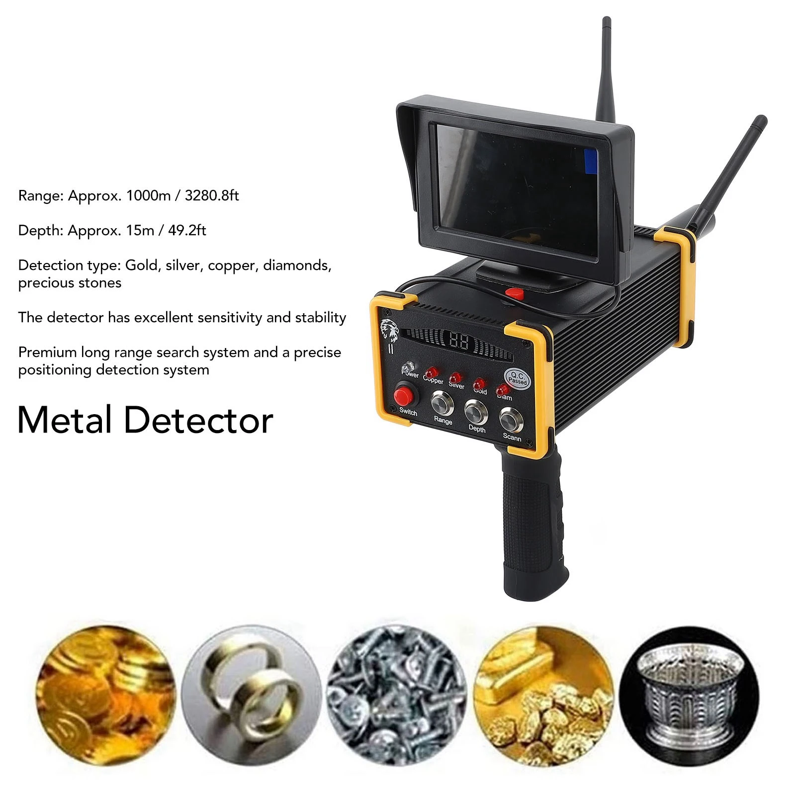 Metal Locator 1000 Meters Range High Accuracy Metal Detector 100‑240V Display Screen  Positioning with Antenna for Gold