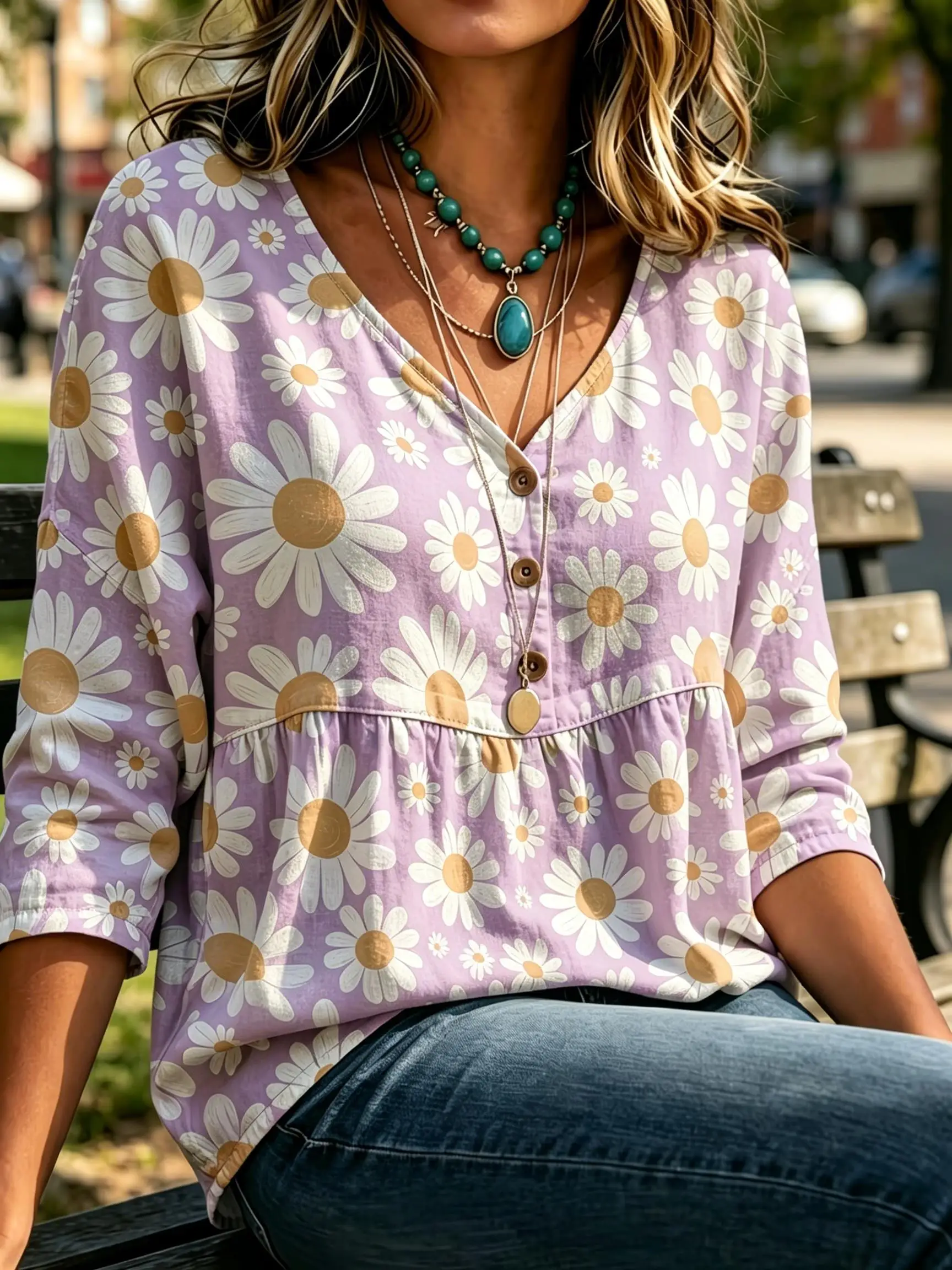 Women Purple Base White Floral Print V Neck Half Button 3/4 Sleeve Peplum Blouse Loose Babydoll Casual Daily Top