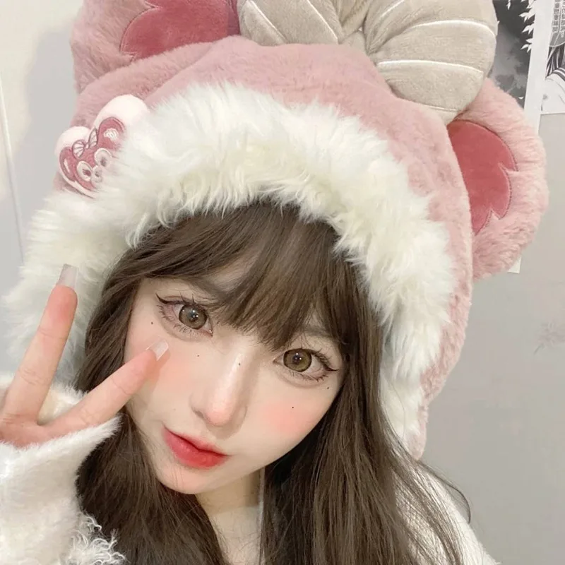 Cartoon New Plush Hat Soft Cute Girl Little Bear Cute Ear Protection Warm Hat Winter Women Lolita Jk Fashion Accessory 2023