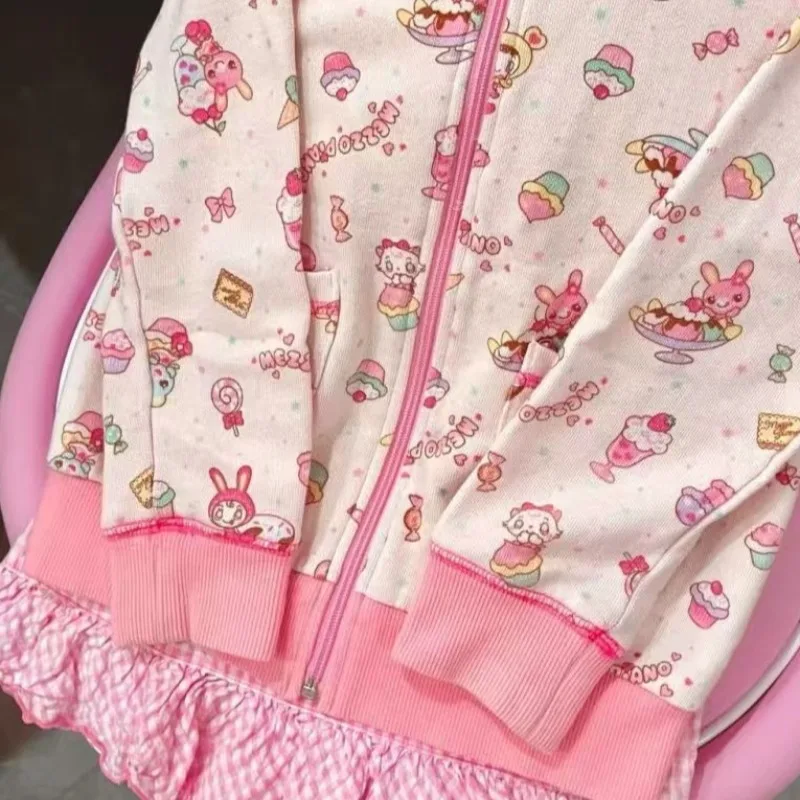 Bluzy z kapturem w stylu Harajuku, estetyka subkultury, japońskie kawaii, bluza z nadrukiem kreskówkowym, urocza codzienna kurtka, damska bluza rozpinana na zamek, słodka bluza