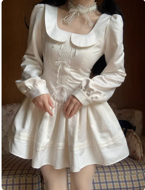 Robe de princesse à manches longues et col Peter Pan pour femmes, 3XL, taille haute, ligne a, mode polyvalente, robes de réduction de l'âge, automne