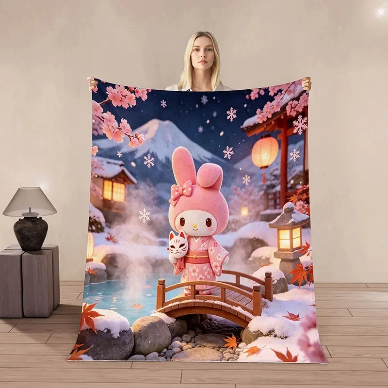 My Melody Flannel Blanket, 3D Sakura Snow Scene Print, Soft Warm Throw Blanket For Girls Bedroom Sofa Decor