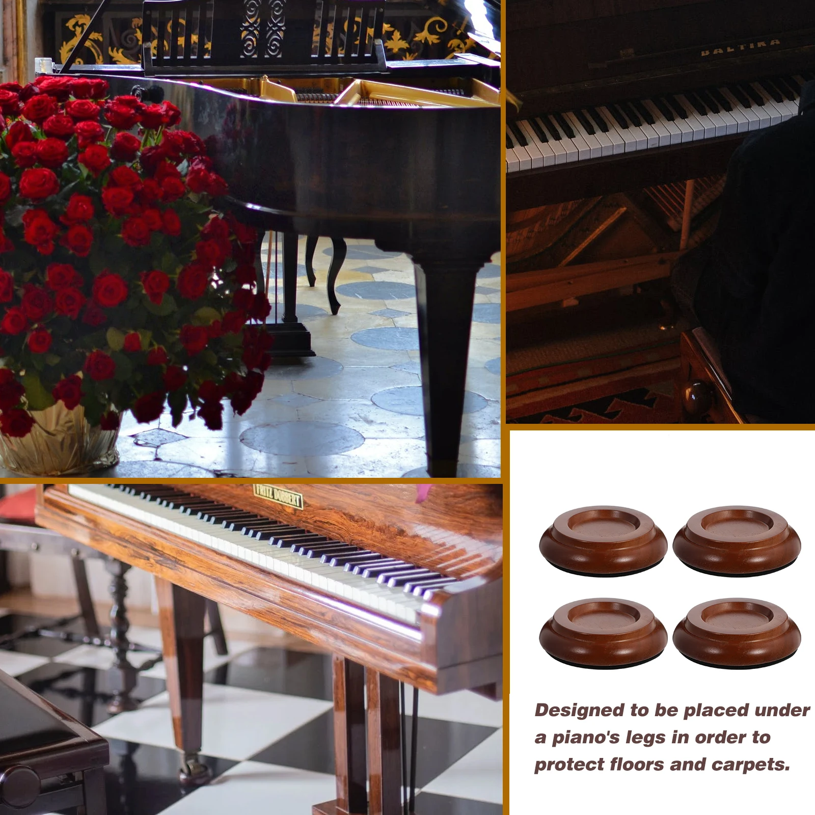 

4Pcs Brown Wooden Piano Foot Pad Non-Skid Floor Protector Soundproof Cushion Mat Replacement for Grand Upright Piano