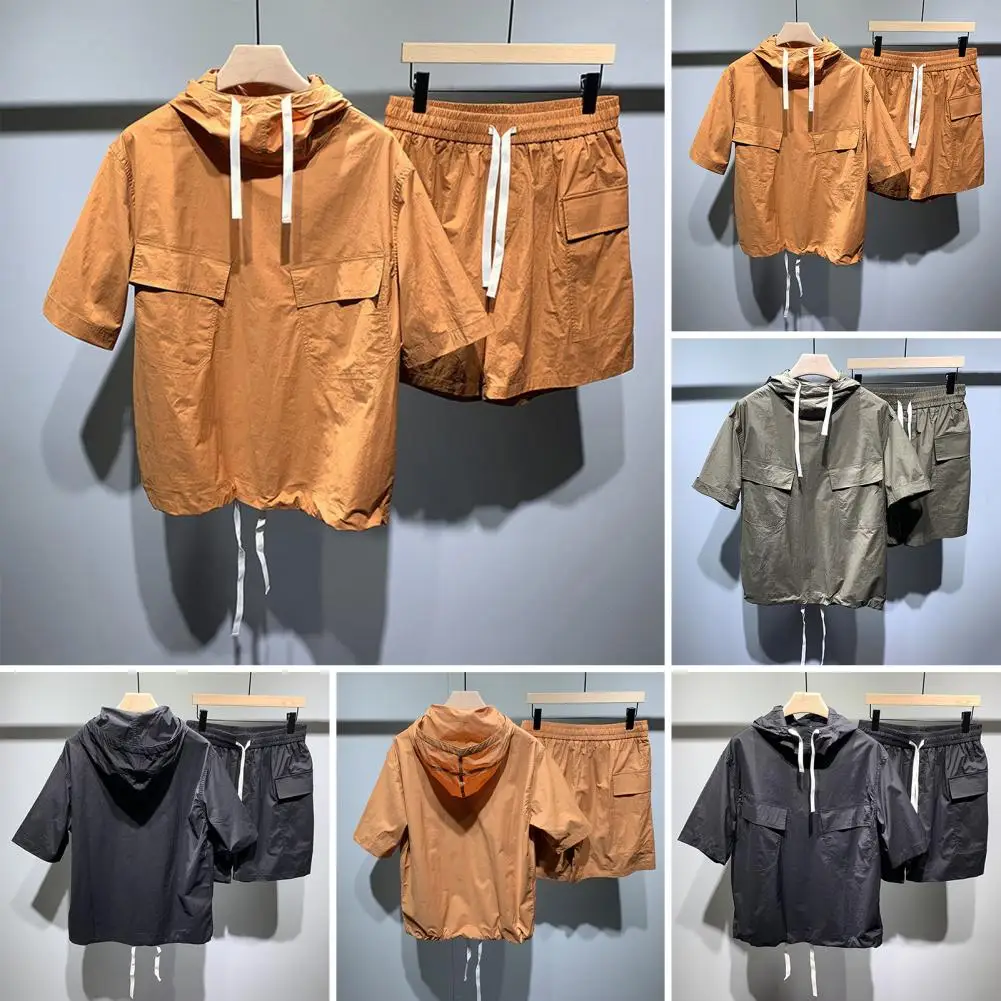 2Pcs/Set Men Summer Casual Outfit Hooded Drawstring Tops Elastic Waist Wide Leg Shorts Set Solid Color Wide Leg Cargo Outfit