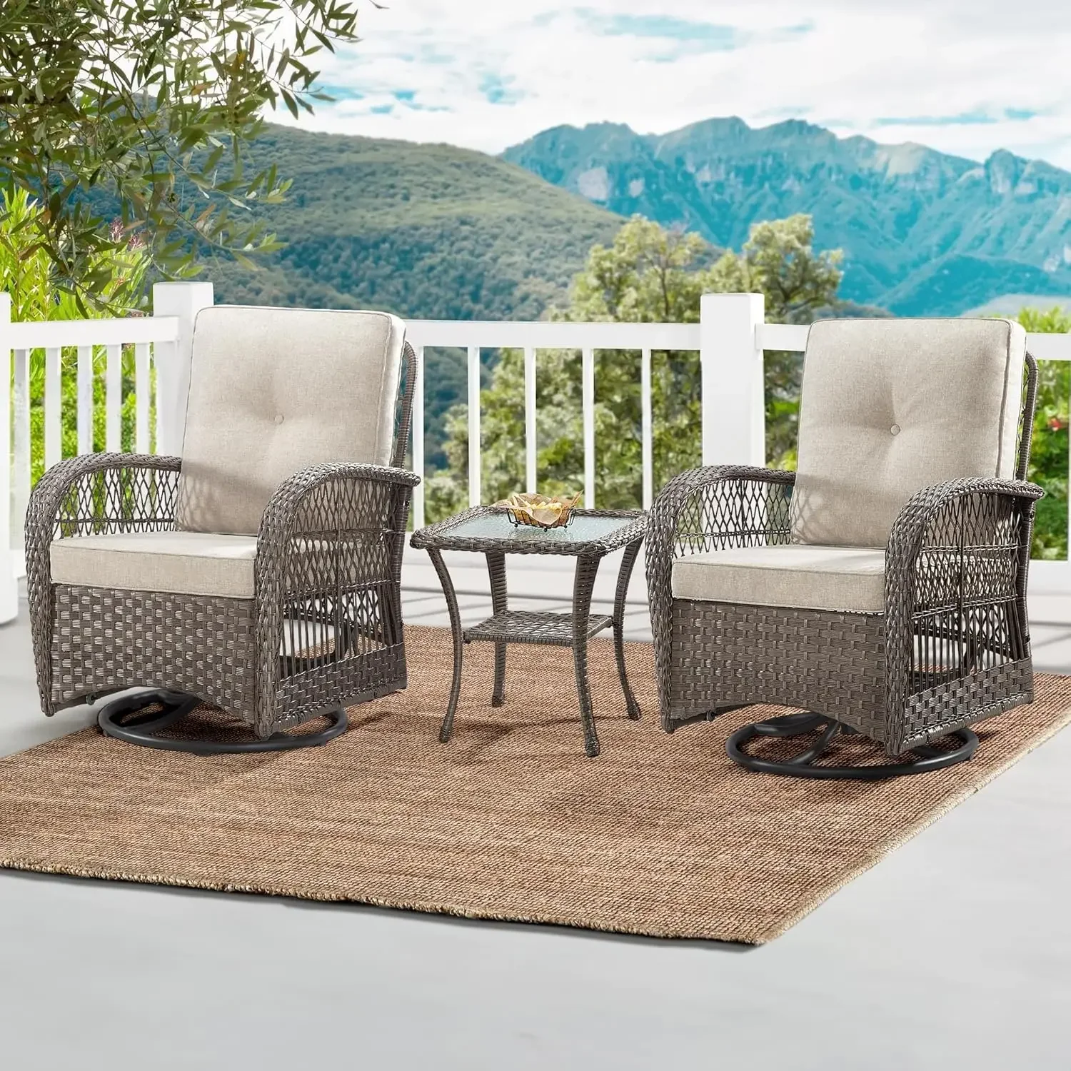 Bistro Set 3 Piece Outdoor Patio Furniture, Wicker Swivel Rocking Chair Set with Matching Coffee Table & Premium Fabric Cushion