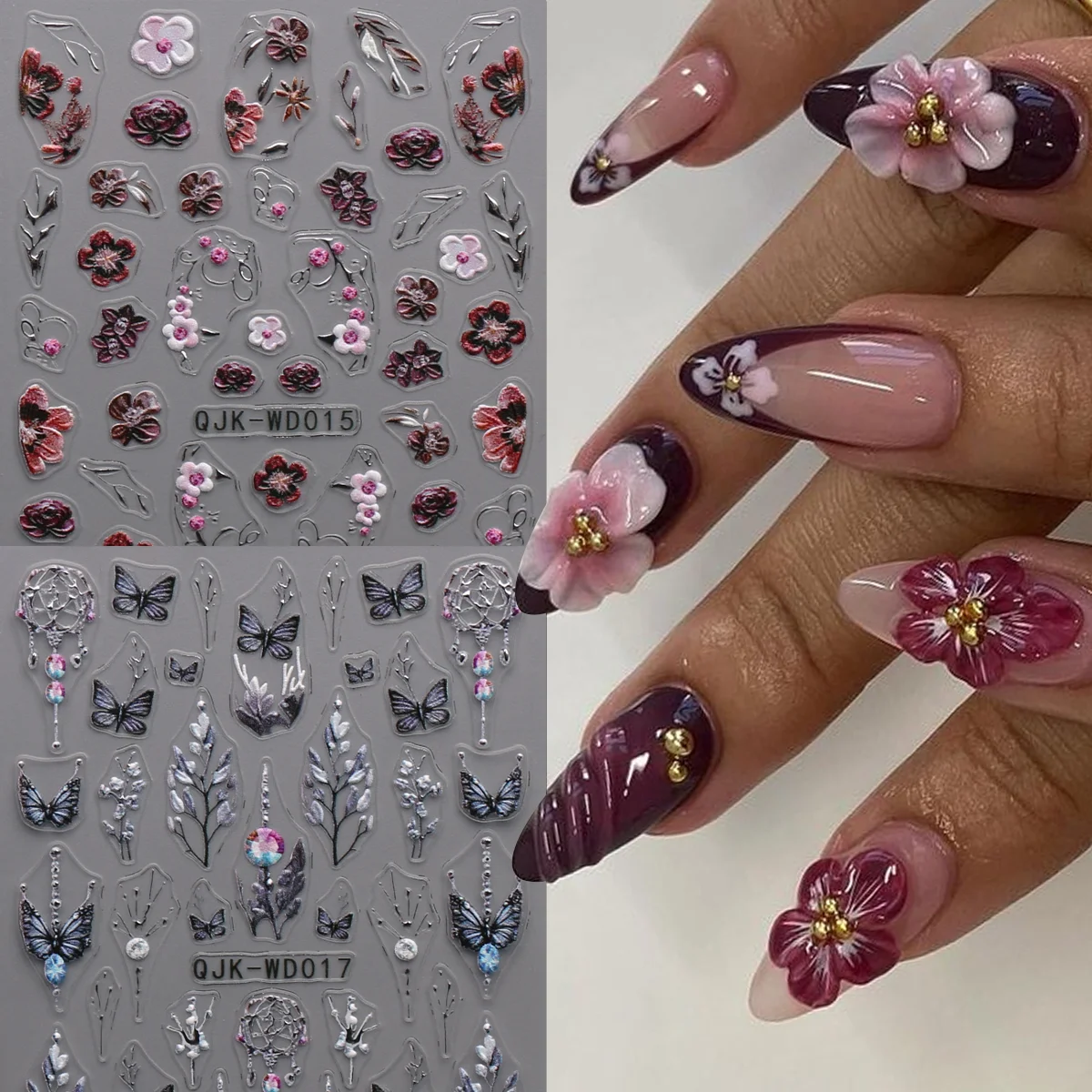 2/3 Uds. Pegatinas para decoración de uñas en relieve con flor de mariposa de primavera, acabado 5D, fáciles de aplicar para decoración de uñas, bricolaje, regalo, boda, Y2K