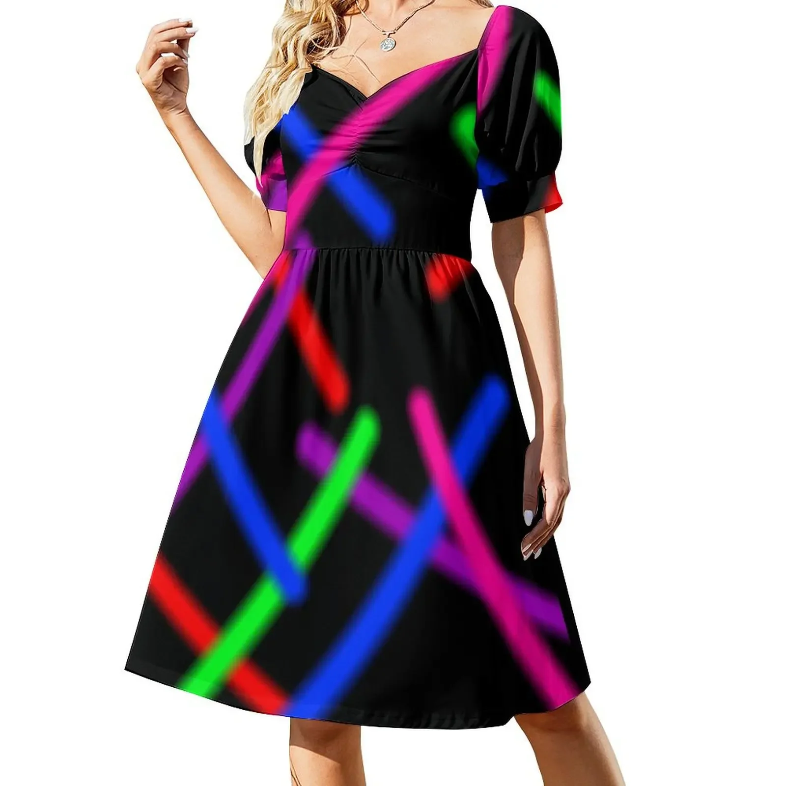 

1980s Rainbow Neon Glowing Laser Beams, Single Image Version Short-Sleeved Dress summer women's suit loose summer dress