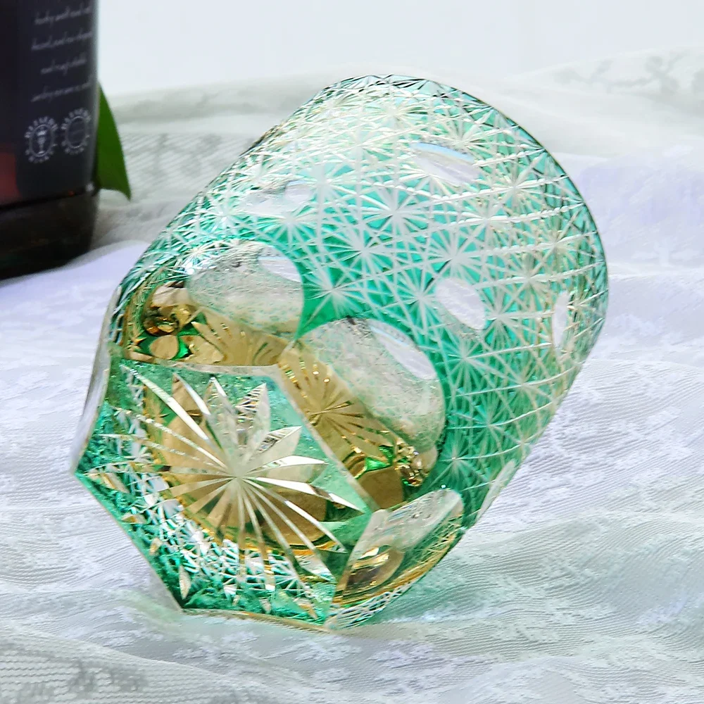 Handmade Edo Kiriko Japanese Glass Tumbler Green Daisy Art 300ml Traditional Cut Glass Cup for Whisky,Luxury Gift