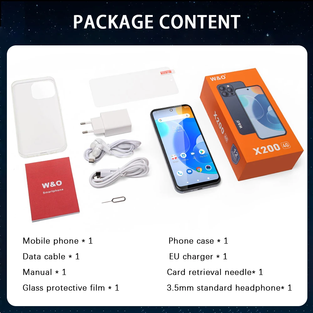 W&O X200 4G Smartphone Android 4GB RAM+64GB ROM Mobile Phone 6.53 Inch Dual SIM 4800mAh Battrey 5+13MP Camera Cell Phone on Sale