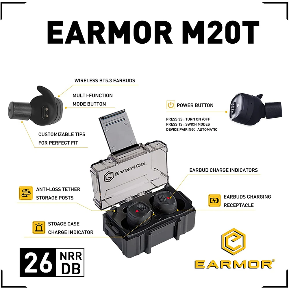 EARMOR M20T جديد بلوتوث سدادات الصيد اطلاق النار سدادات الأذن الإلكترونية سماعة مكافحة الضوضاء الأذن التوصيل إلغاء الضوضاء NRR26db